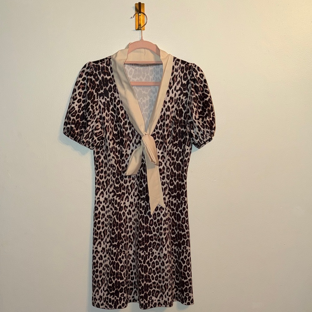 Leopard Print Dress with Tie Neck